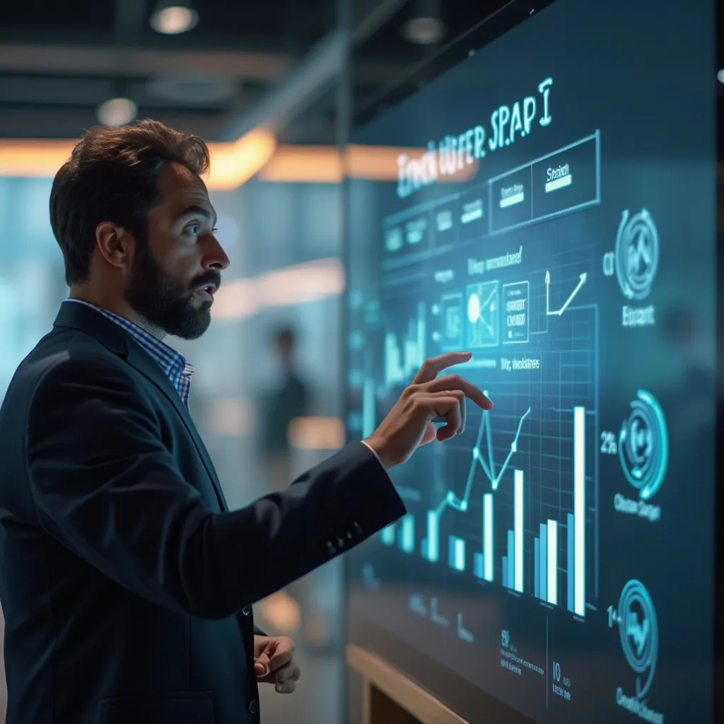 Consultora explicando estrategia en pizarra digital